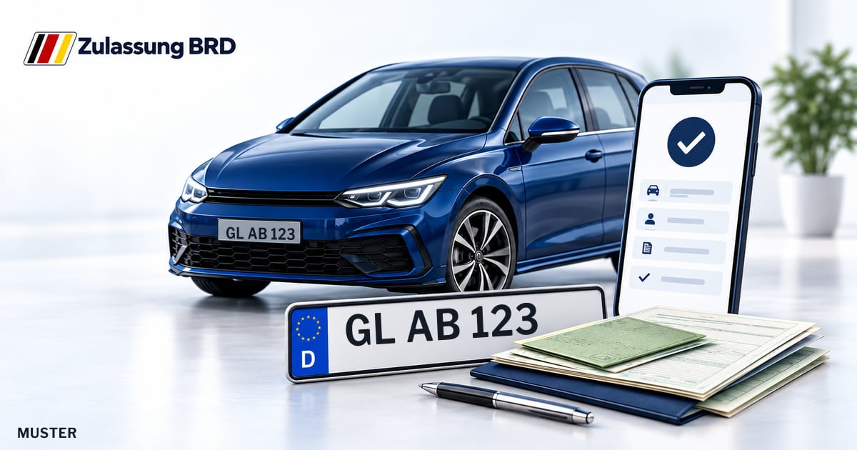 Online Fahrzeugzulassung in Rösrath: Musterkennzeichen GL AB 123, Auto und Fahrzeugpapiere und Smartphone. Illustration mit Logo von Zulassung BRD.